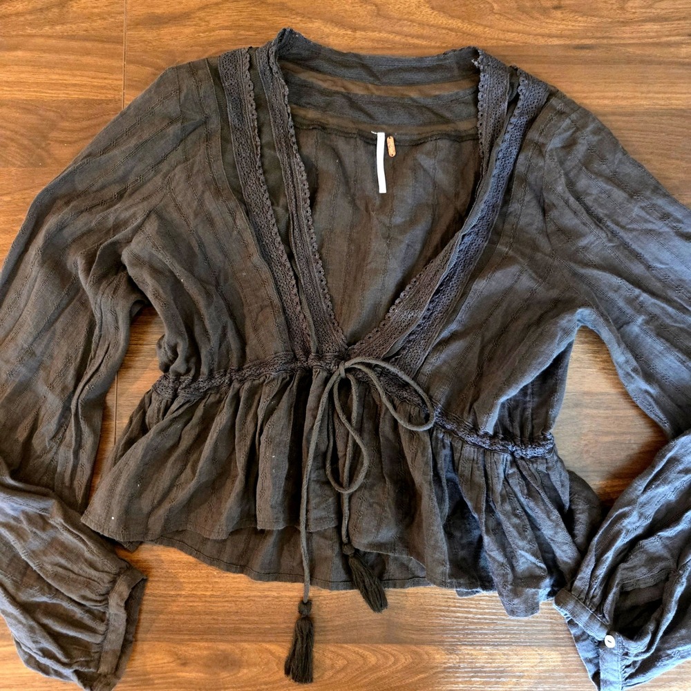 Free People Black Gauze Tie-Front Peplum Blouse